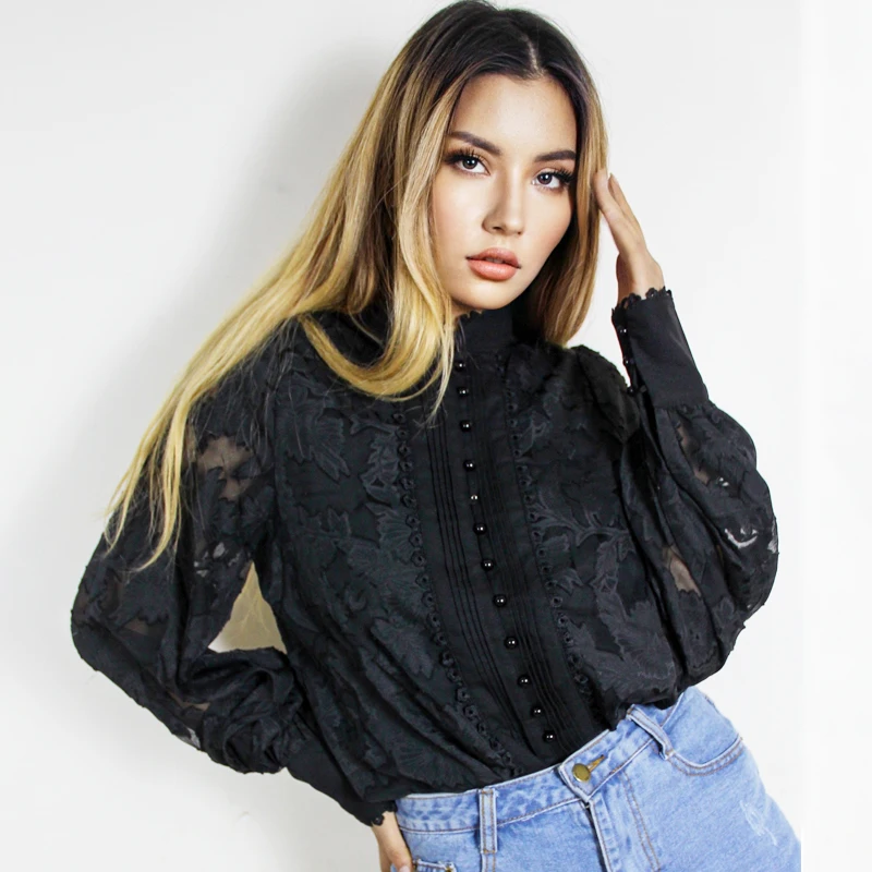 

[LIVIVIO] 2020 Women' Shirt Lantern Long Sleeve Stand Neck Pearls Button Single-breasted Tops Elegant Korean Black Lace Blouses