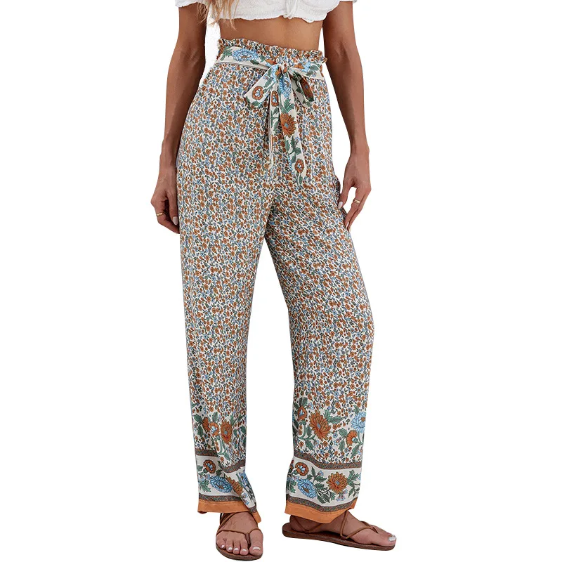 

JLI MAY Summer Floral Straight Pants Women Belted Long Pants Elastic High Waist Loose Fashion Streetwear Bohemian