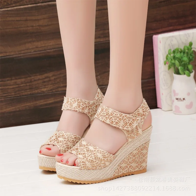 

2019 spring and summer new ladies sandals sexy mesh fish mouth shoes thick with wedge sandals sandalias de verano para mujer