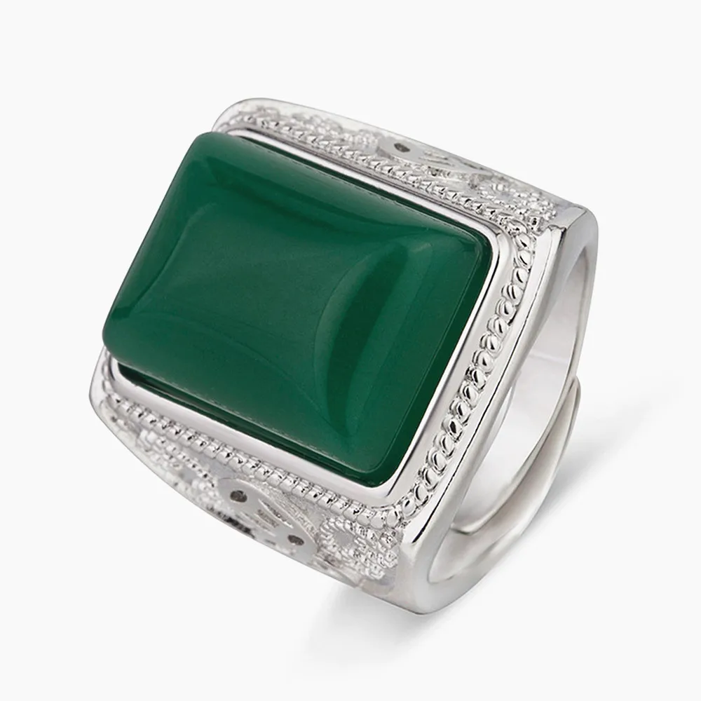 Кольцо мужское с изумрудом и нефритом большая винтажная резьба цвет