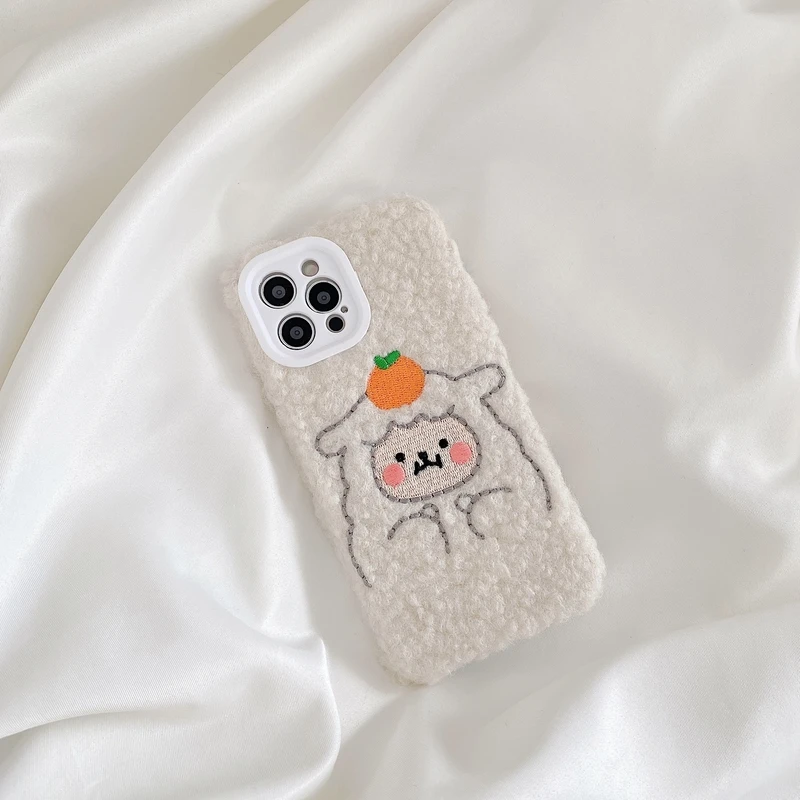 

Cute Cartoon Orange Sheep Furry Soft Phone Case For iPhone 13 12 11 Pro Max X Xs Max Xr 7 8 Plus Cases Hairy Warm Plush Cover