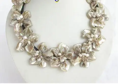 

baroque handcraft bloom white pearls seashell choker leather necklace