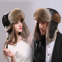 thick warm bomber hat unisex real rabbit fur with genuine leather earflap trapper russian cap male winter ski hats for women