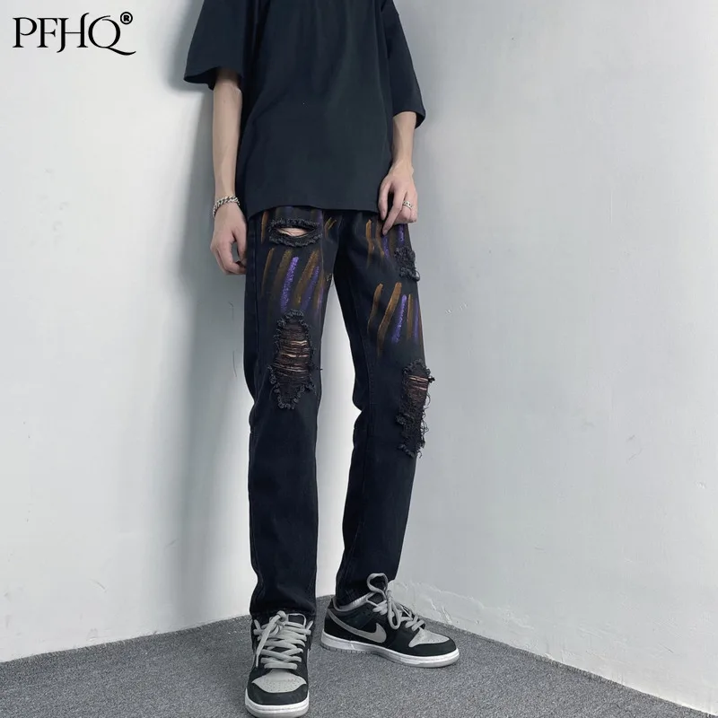 

Новые мужские модные модели PFHQ 2021 года, европейские и американские потертые джинсы с дырками и принтом на пуговицах, всесезонные джинсы