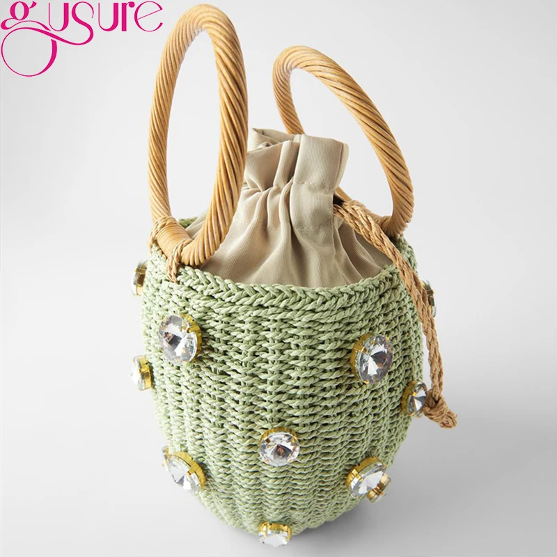 Gusure Green Diamonds Straw Handbags For Women Hand-woven Rattan Bag Female Tote 2021 New Summer Holiday Bohemia Beach |