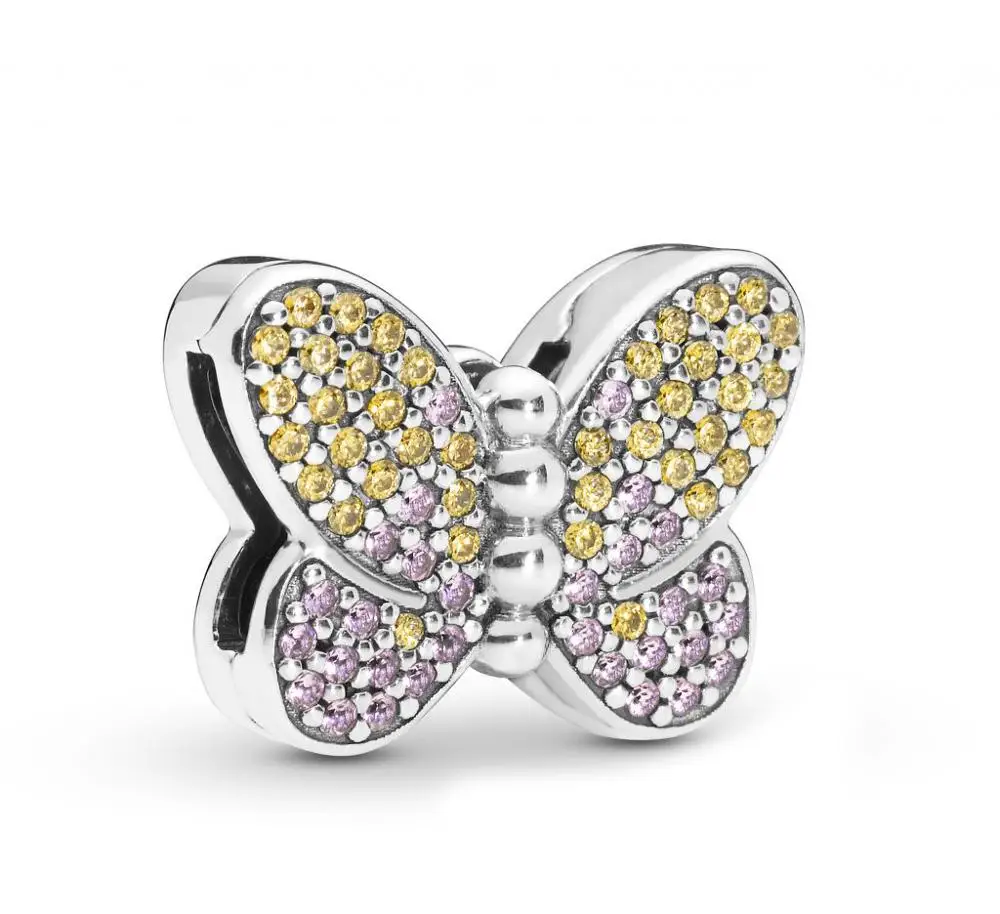 

Crystal 100% 925 Sterling Silver Beads Reflexion Pave Butterfly Clip Charms fit Original Pandora Bracelets Women DIY Jewelry