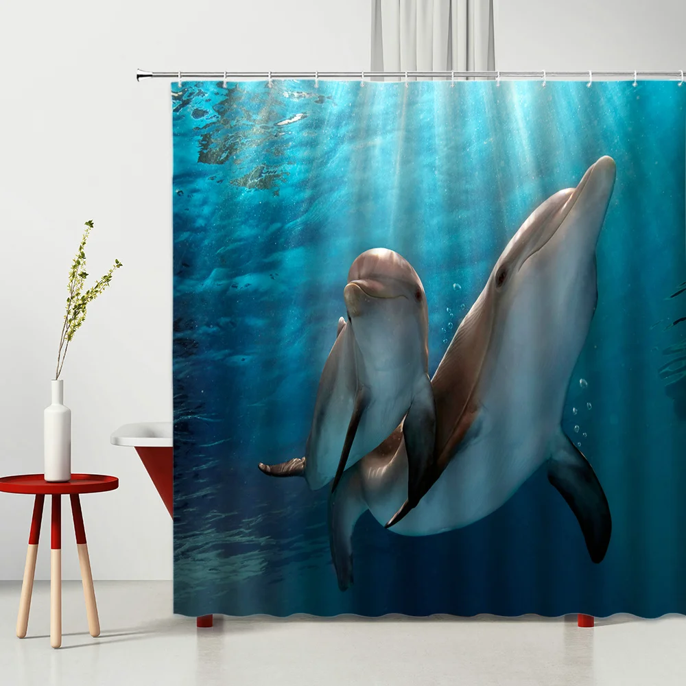

Ocean Animal 3D Dolphin Shower Curtain Set Beautiful Underwater World Waterproof Bathroom Wall Hanging Curtain With Hooks