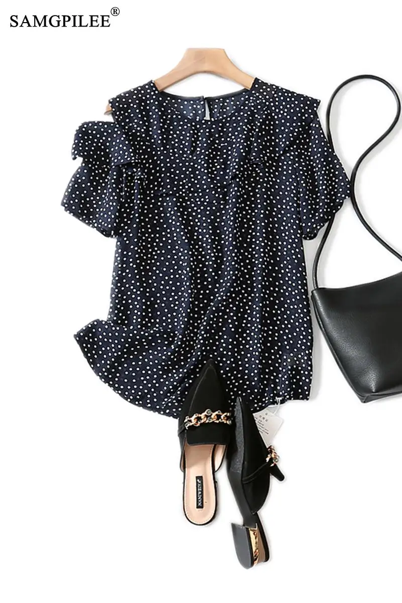 

Blouses Women Fashion 2021 Summer Office Lady Korean Fashion Clothing Chiffon Short Sleeve Ruffles Polka Dot Female Blouses 3XL