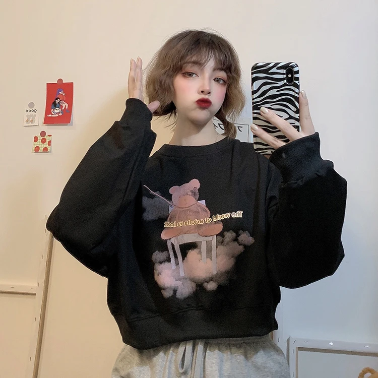 

Новинка 4003, женские свободные универсальные белые студенческие короткие свитшоты с длинным рукавом и принтом, 2021