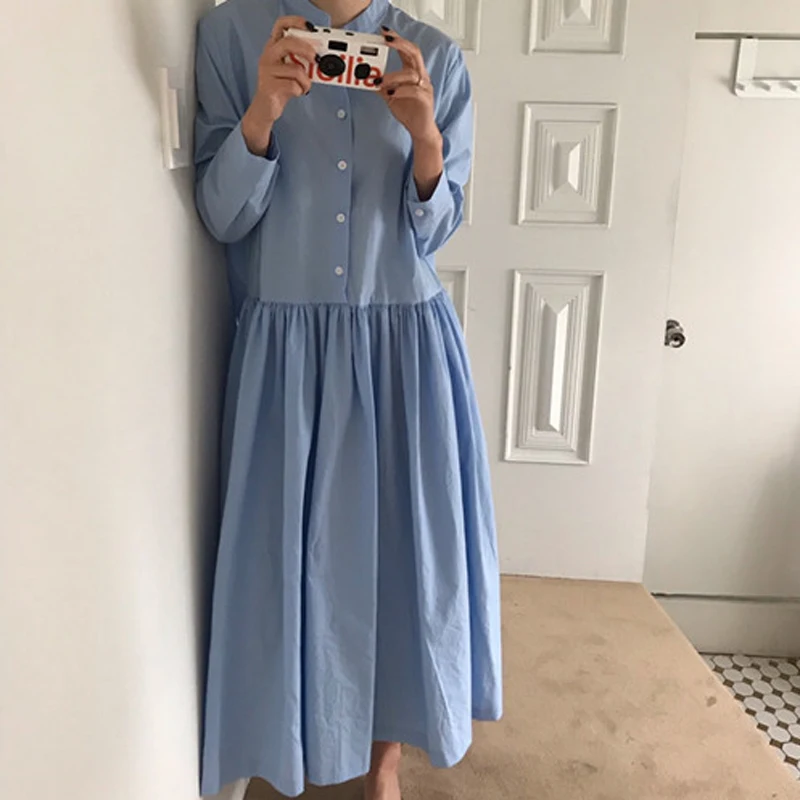 Mozuleva Simple Casual Stand Collar Single-breasted Women White Shirt Dress Full Sleeve Loose Solid Mid-length Female 2019 | Женская