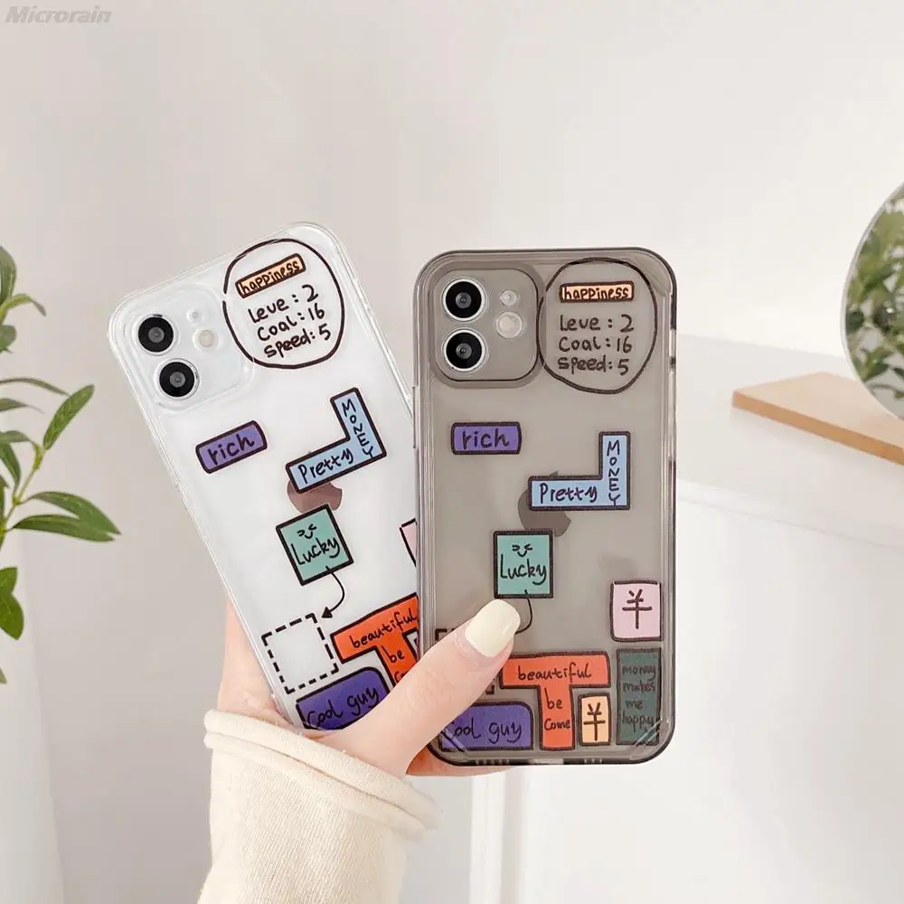 

Tetris Shockproof Transparent Silk Silicone Case For iPhone 12 11 Pro Max Mini 7 8 Plus XR X SE 2020 TPU Soft Cover Funda Coque
