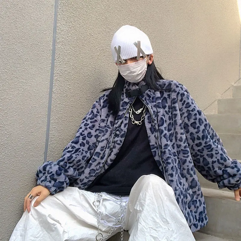 2021 Women Blue Leopard Faux Fur Coat Winter Padded Jacket  Loose Plus Velvet Street Coat Casual Outwear Women Lamb Wool Coat