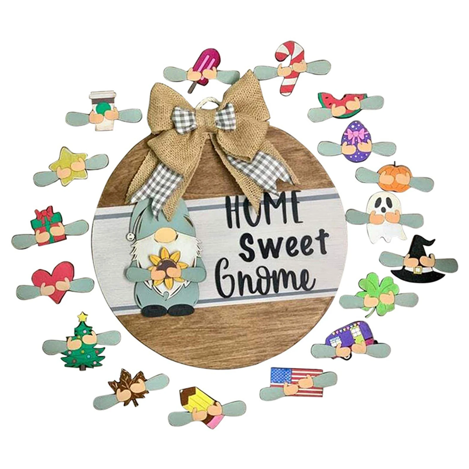 

Gnome Welcome Sign Front Door Hanger with 18 Interchangeable Inserts for Farmhouse Rustic Wooden Porch Decor LBE