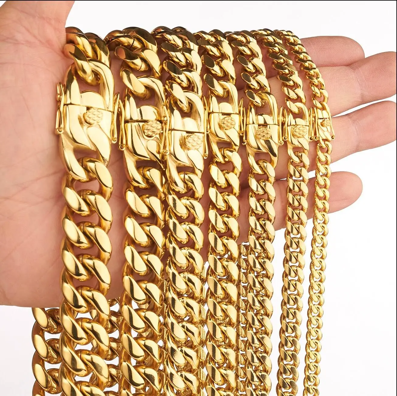 

6/8/10/12/14/16/18mm 2021 Trendy Jewelry Gold 316L Stainless Steel Curb Cuban Link Miami Chain Necklace Hip Hop Choker 7-40Inch