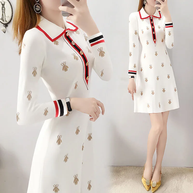 

New autumn women's print show French elegant loose waist fit temperament medium long dress SS842