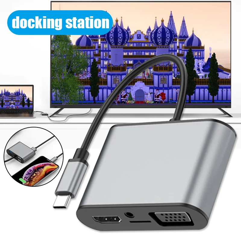 

Портативный Аудио-концентратор с портом Type-C на HDMI, VGA, PD, USB3.0, USB2.0, для дома, офиса, ноутбука, мыши OCT998