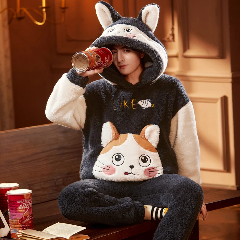 Теплая Милая флисовая Пижама для мужчин плотные плюшевые пижамные комплекты