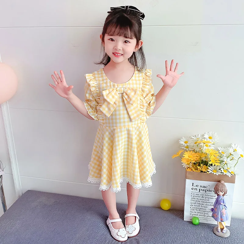 

New Plaid Bow Girls Princess Dress Short Sleeve Summer Baby Kids Clothes for 0-7 Years Crew Neck Children's Casual Clothes