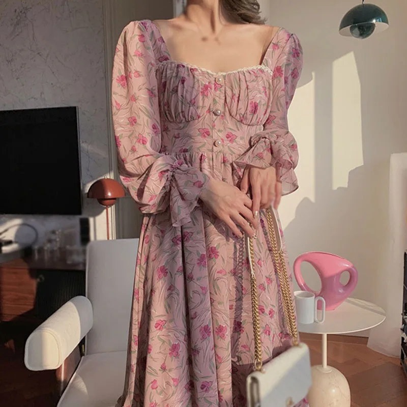 

2021 Women Summer French Square Collar Vestidos Long Section Long Sleeves Waist Thin Pearl Buttons Floral Mid-length Dress
