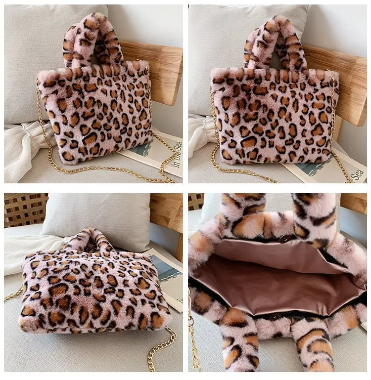 

Faux Fur Leopard Print Fashion Purses and Handbags for Women Crossbody Bag Female Shoulder Chain Bag Bucket Handbag Soft Totes