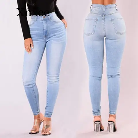 tight light blue long jeans pants women's hot denim lady slim pants stretch waist slim pencil jeans women Casual pants long