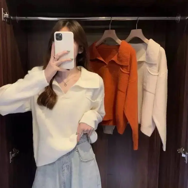 

Spring and Autumn Knitwear Women's 2021 New Loose V-neck with Lazy Long Sleeved Sweater Bottom Top