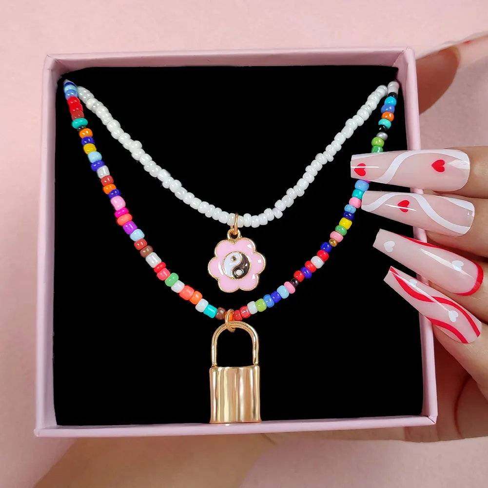 

Flatfoosie Boho Multi-layer Colorful Beaded Choker Necklaces For Women Gold Color Metal Flower Lock Pendant Necklace New Jewelry