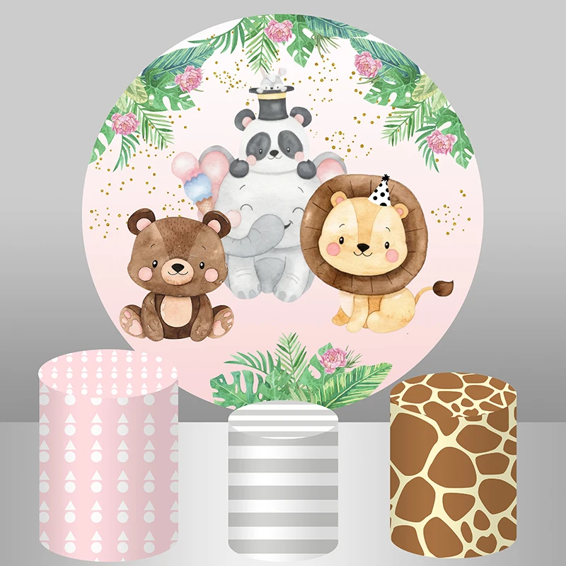 

Jungle Safari Birthday Party Banner Child Baby Cartoon Animals Round Backdrop Circle Background Table Plinth Cover Photo Studio