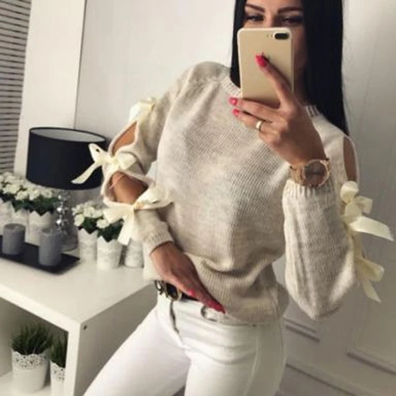 

Sweater Women Sexy O-Neck Warm Knitted Sweaters Bow Hollow Out Long Sleeve Knitwear Jumper