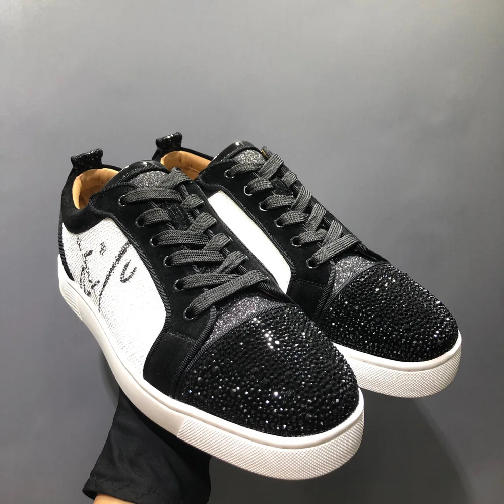 

Low Top Red Bottom Men Shoes Black Toe Cap Rhinestone White Denim Graffiti Leather Luxury Ladies Loafers Casual Shoes Size 47 48