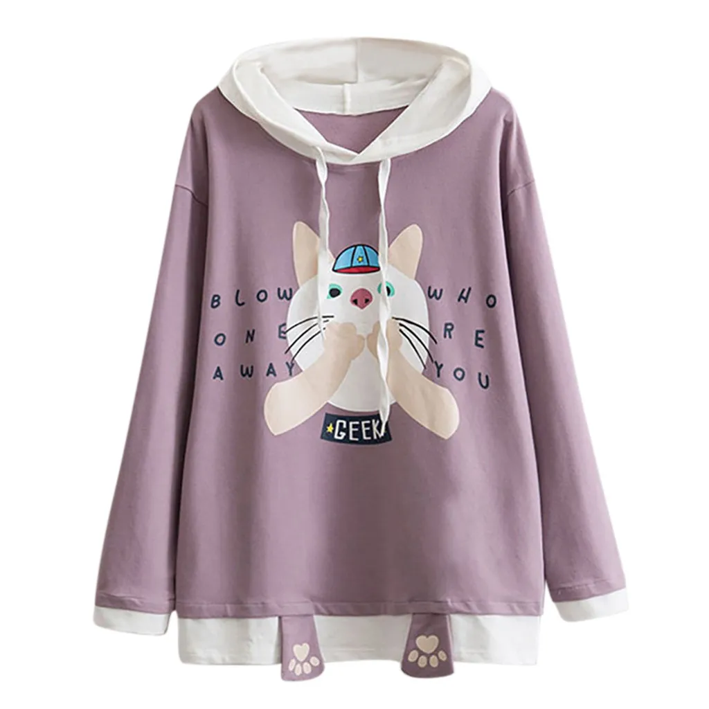 Женский свитер с капюшоном и принтом в виде кота из страуса популярный длинными