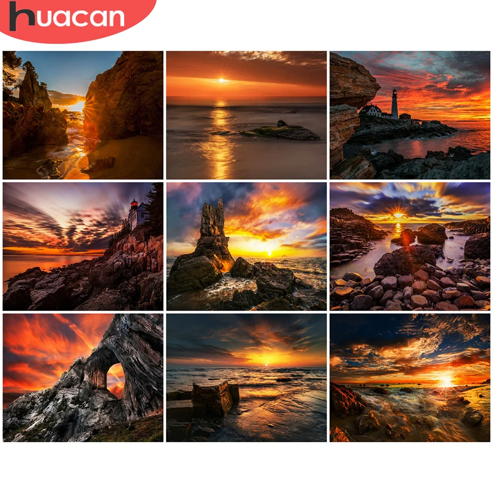 

HUACAN 5D DIY Picture By Numbers Sunset Unique Gift Wall Art HandPainted Paint By Number Seaside For Living Room