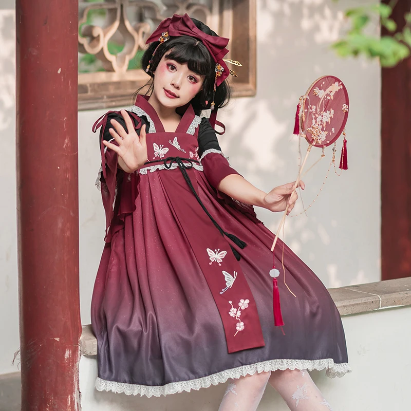

Han element lolita dress vintage lace cute embroidery kawaii dress high waist gothic lolita jsk summer victorian dress loli 2020