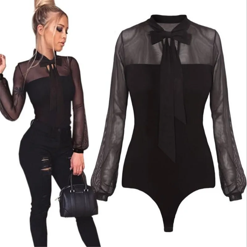 

2021 Black Lace Bodysuit Women Long Sleeve Bodysuit Stretch Ladies Leotard Body Tops T Shirt Jumpsuit New