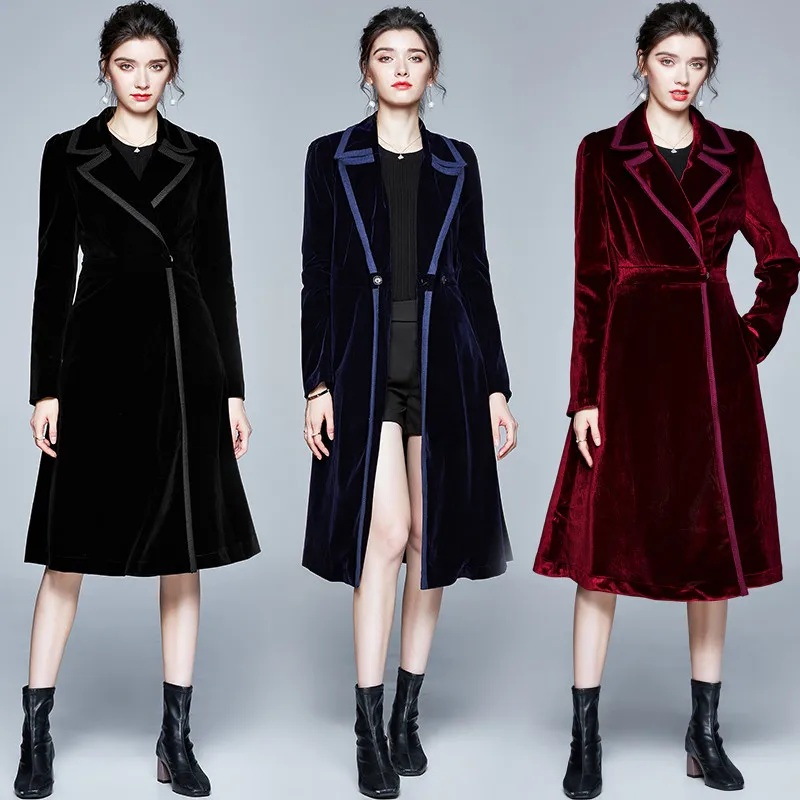 

High-End Retro Velvet Trench Dress Female 2020 Fall Winter New Lapel Patchwork Trim Long Sleeve Slim OL Work Wear Dress Coat