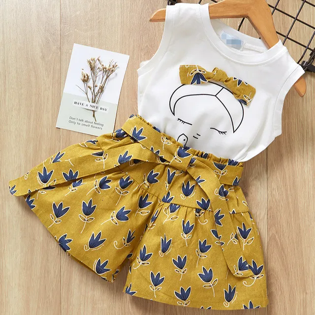 Girls' Clothing Sets 2019 Summer New Style Girls Cartoon Print T-shirt+Short 2Pcs for Kids Clothes Sleeveless | Детская одежда и