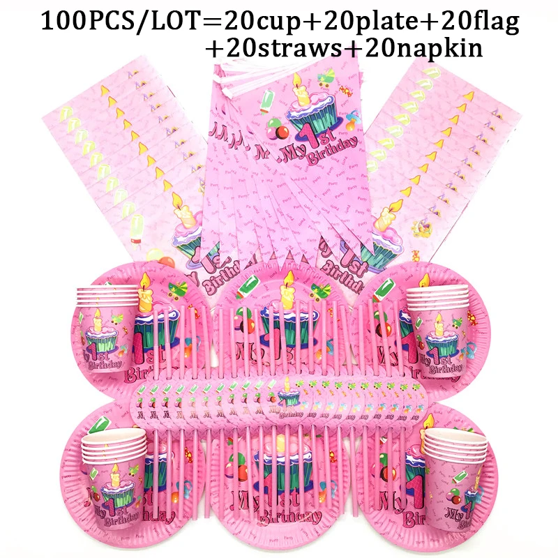 

Pink 1st Year Theme Party Supplies Kid Girl Birthday Party Decoration Cup Plate Napkin Straws Flags Tableware For 10-20 Children