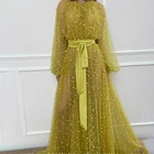 Прозрачное жемчужно-желтое платье для выпускного вечера с высоким вырезом и длинными рукавами с поясом, Формальные вечерние платья, вечернее платье