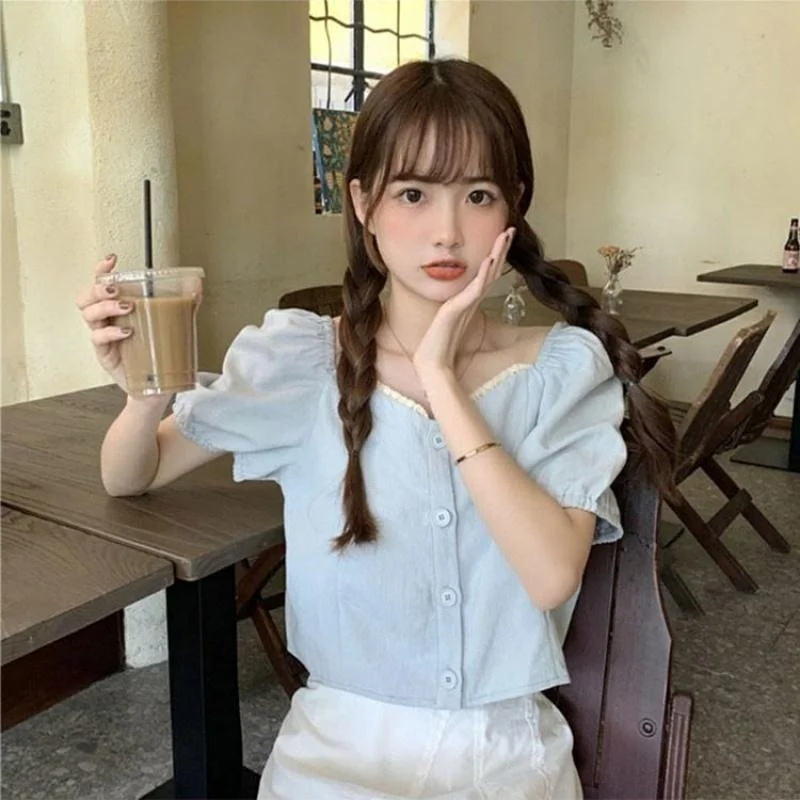 

Blouses Women Lace Patchwork Casual Sweet Summer Short Sleeve Tops All-match Cute Top Korean Fashion Harajuku Chic Preppy Style