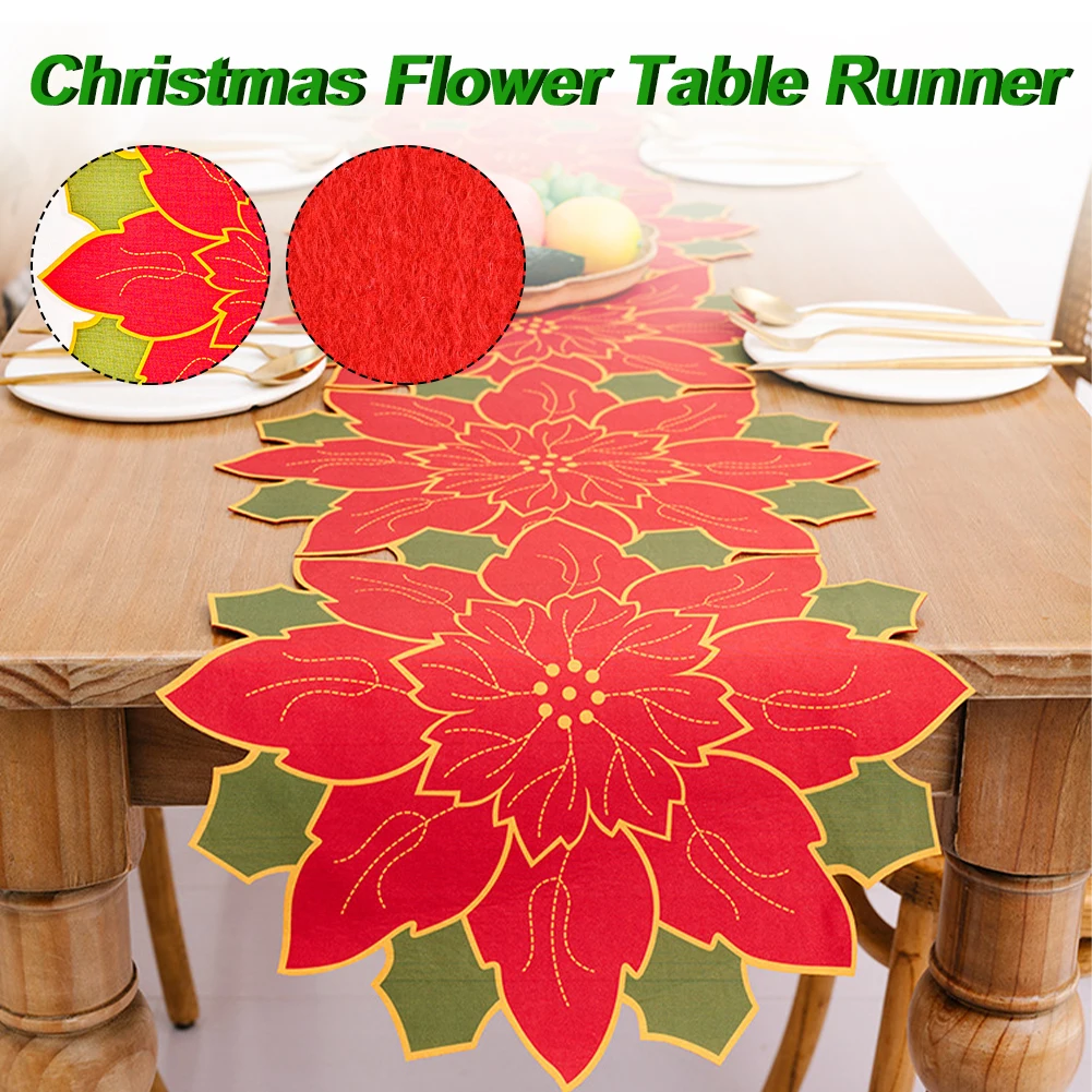 

Christmas Table Runner Red Poinsettia Flower Tapestry Style Christmas Tableware Cloth Home Decor Christmas Party Supplies