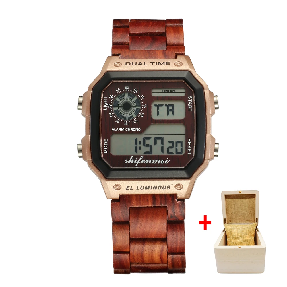 red with box Shifenmei деревянные часы мужские часы лучший бренд класса люкс светодиодный цифровые Мужские часы мужские спортивные военные деревянные наручные часы erkek kol saati - Цвет: red with box