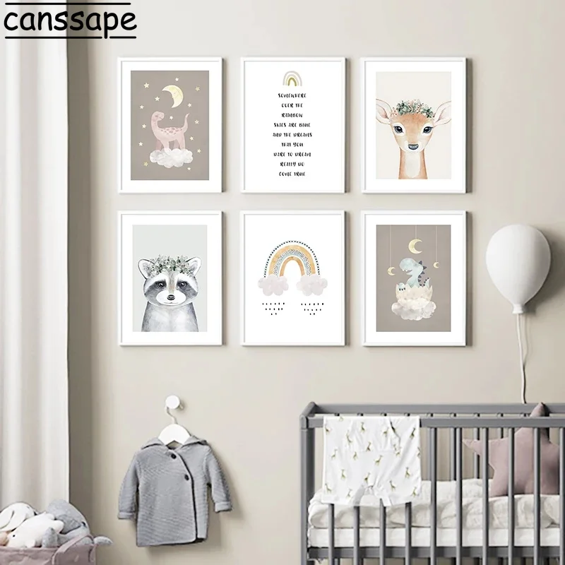 

Nursery Wall Art Print Animal Canvas Painting Deer Bear Poster Rainbow Clouds Prints Nordic Wall Pictures Baby Kids Room Decor