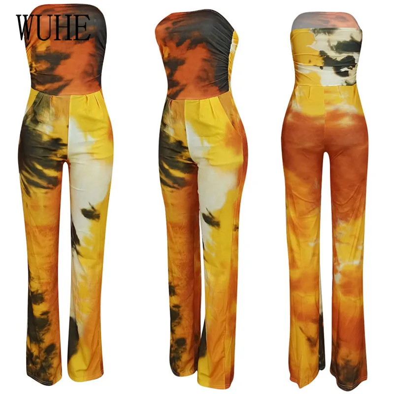 

YEYA Tie Dye Print Sexy Women Jumpsuits Strapless Ruched Club Party Rompers Summer Wide Leg Pants Playsuits One Piece Outfit