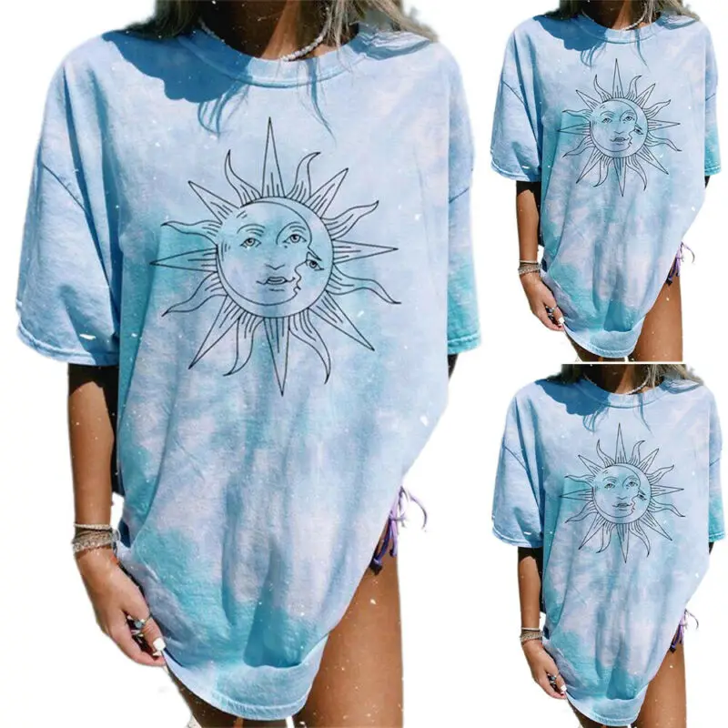 

T-Shirt Long Tops Tie Dye Print Sun Flowers Women Short Sleeve Tee Loose Casual Top CrewedNeck Fashion Summer 2021 T-Shirt