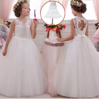 white lace flower girls long party ball gown prom dresses for girl kids backless wedding teenagers first communion dress