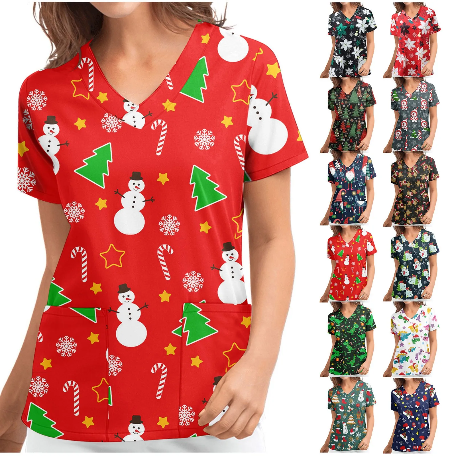 

Nursing Pattern Snowman Christmas V-neck Short Top T-shirts Sleeve Uniform Women Women's Blouse