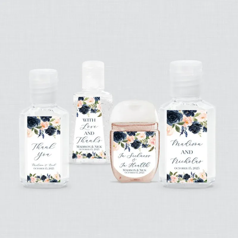 

Personalized Navy and Pink Flower Hand Sanitizer Favor Sticker,Printed Navy and Blush Floral Wedding Rustic with Five Size Label