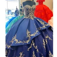 2022 royal blue ball gown quinceanera dresses sweetheart lace appliques beaded satin tiered sweet 16 custom party dress formal