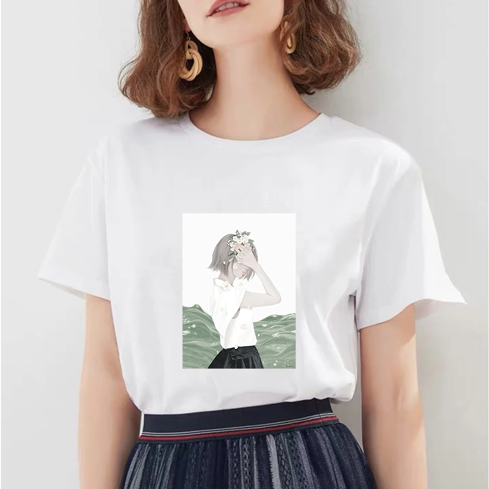 Корейская женская футболка с коротким рукавом принтом топы одежда модная