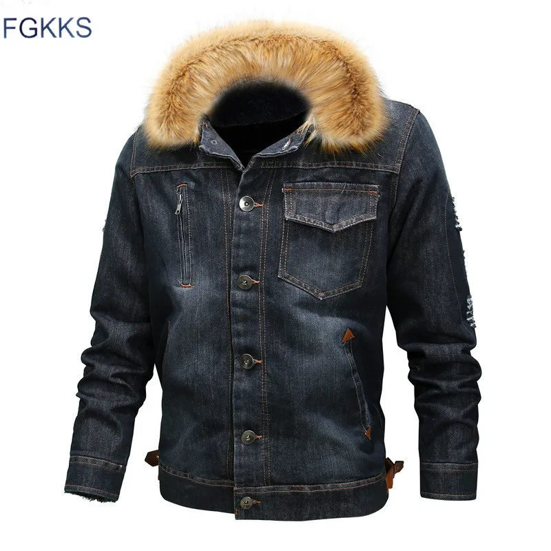 Fgkks модные брендовые мужские джинсовые куртки потертые толстые пальто осень зима